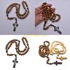 F26C Elegant Catholic Rosary Necklace with Solid Wood Beads and Wooden Crosses Prayer Neckchain for Baptisms Ceremonies Gift