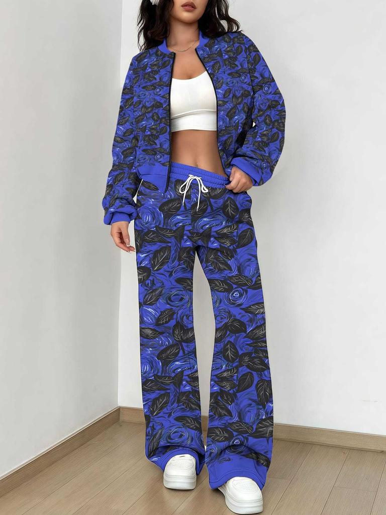 Purple Smudge 1116 Popular Autumn and Winter New European and American Women's Clothing Floral Printing Set