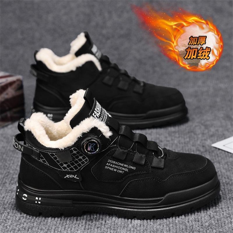 Fleece men's shoes winter new rotating button Martin shoes men's tooling shoes men's casual sports cotton shoes