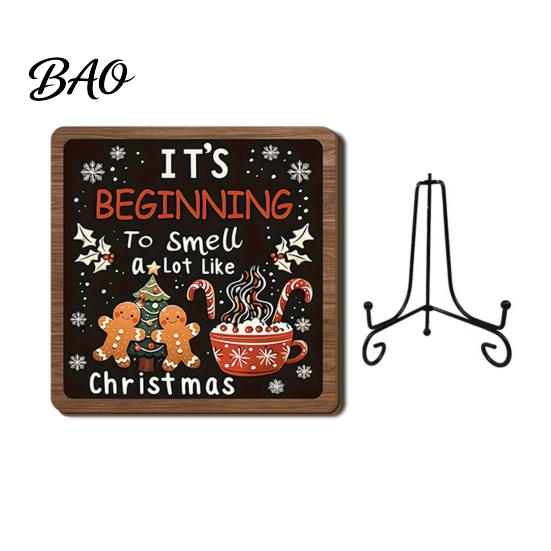 Christmas Hanging Ornament Wooden Tabletop Decor, 2D Pet Santa with Iron Stand, Rustic Xmas Party Holiday Sign for Home And Cafe Festive Shelf, Solid