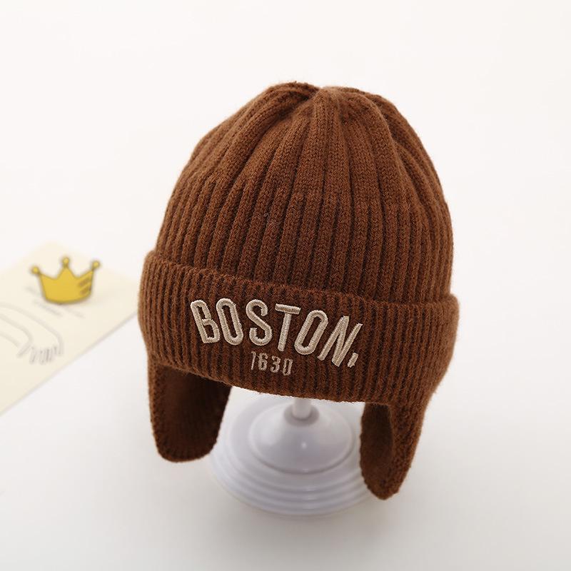 Winter Baby Knitted Hat with Earmuff Letter Embroidered Toddler Beanie Cap Solid Color Warm Woolen Kids Ear Protection Hats 47-52CM(1-5Y)