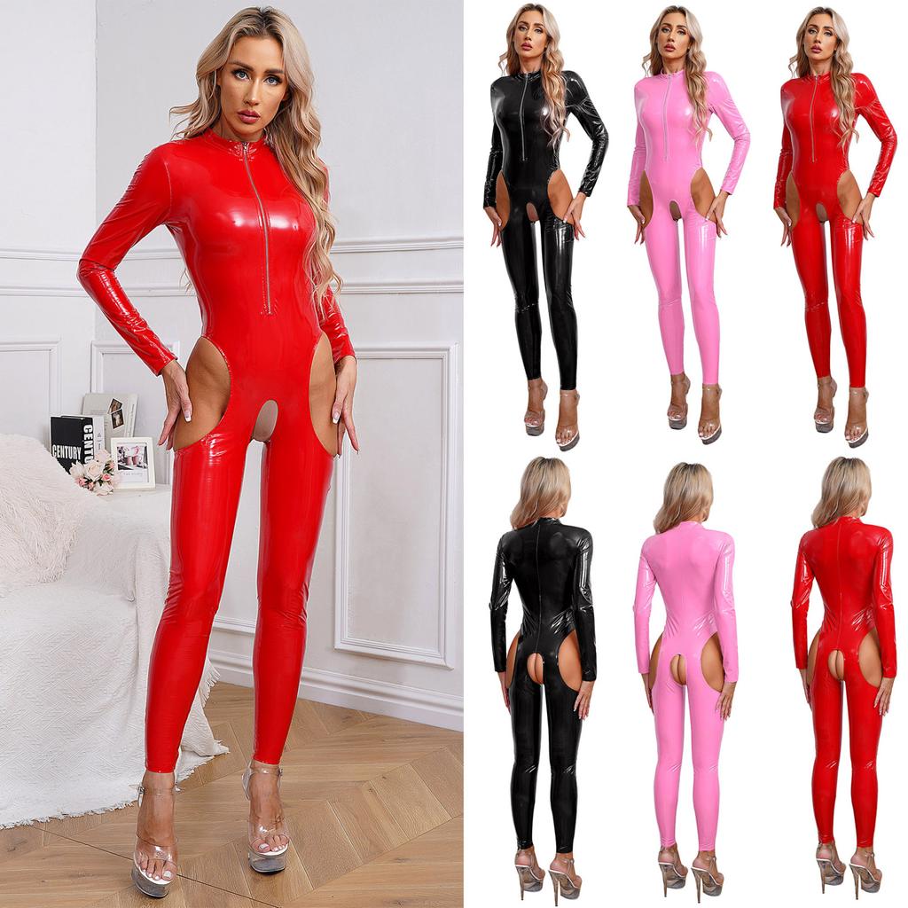 Womens One Piece Long Sleeve Full Body Jumpsuit Wet Look Leather Zipper Bodysuit Catsuit
