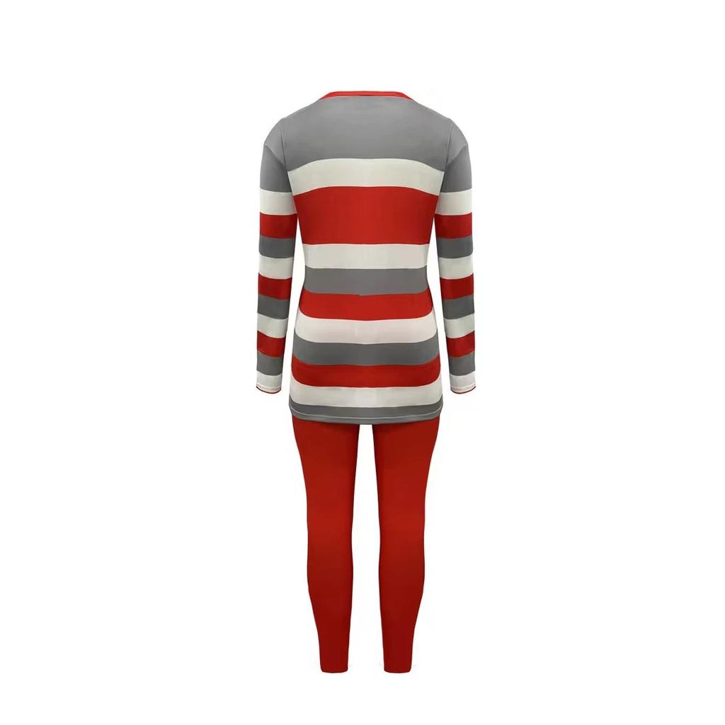 Standard size women's two-piece set, 1D printed casual striped round neck long-sleeved top and pants set, pants pocket.