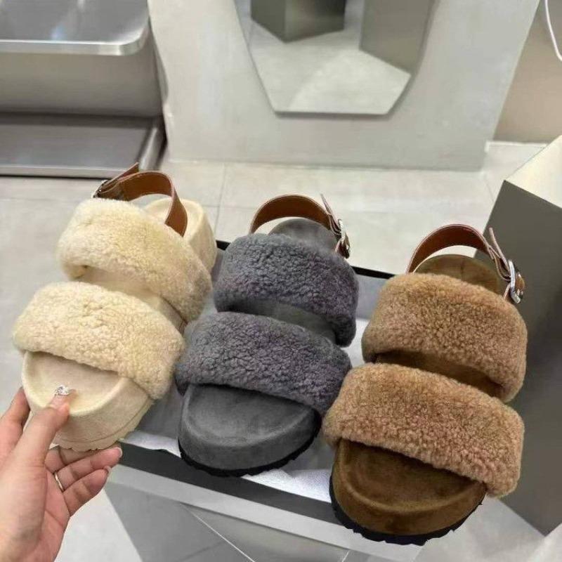 Wear thick-soled heightening fluffy shoes for women's autumn and winter new fashion and leisure open-toed plush one-word cotton slippers tide