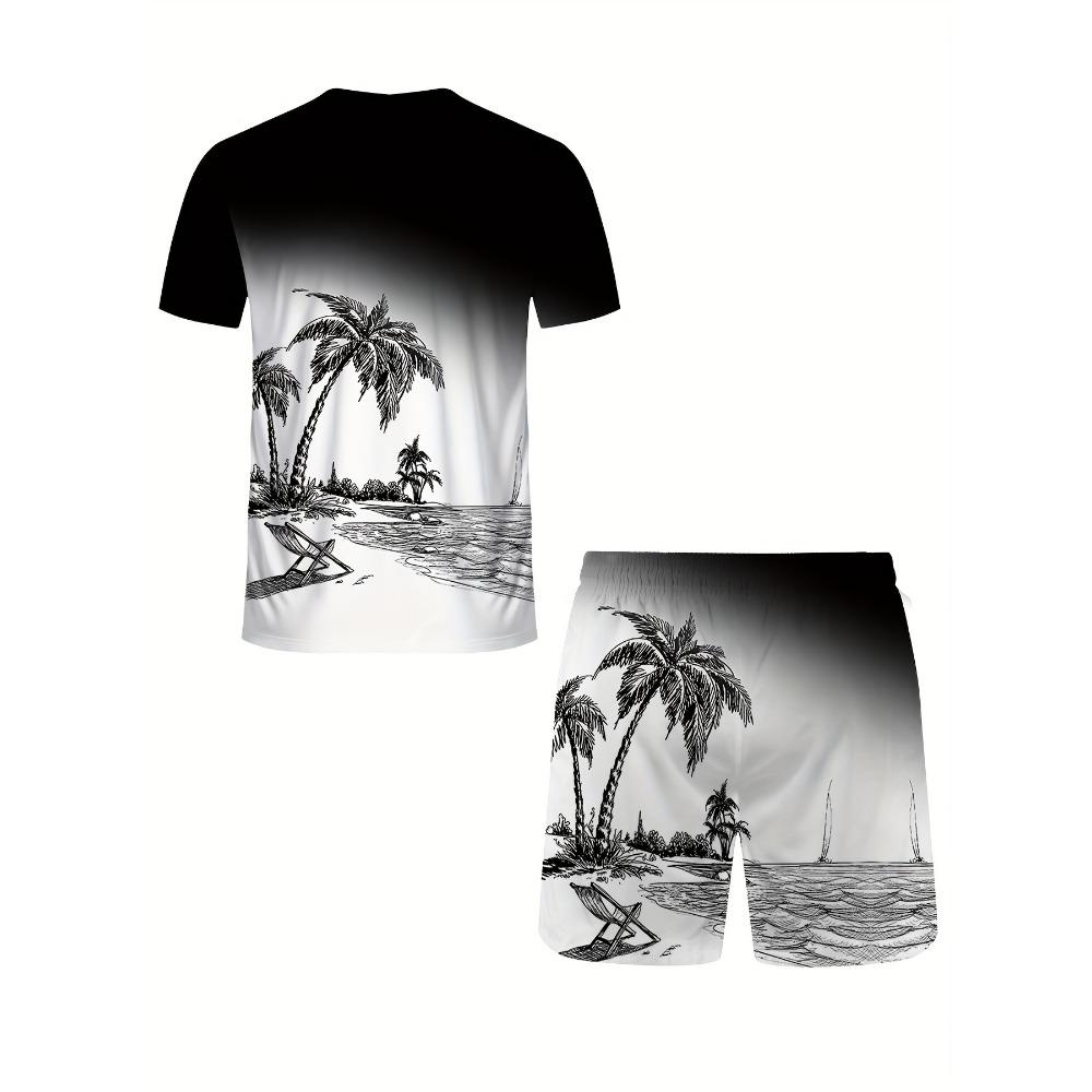 Summer Men's Gradient Coconut Tree Print Breathable Round Neck T-shirt Shorts Set Outdoor Two-piece Set