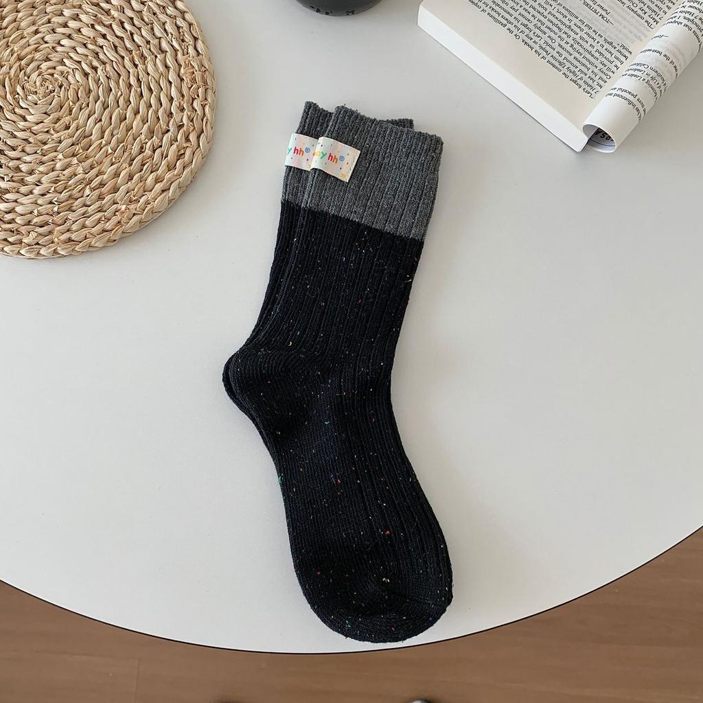 Color Matching Heel Cloth Label Thick Needle Socks, Idea Yarn Medium Tube Stacking Socks, Children'S Couple Socks