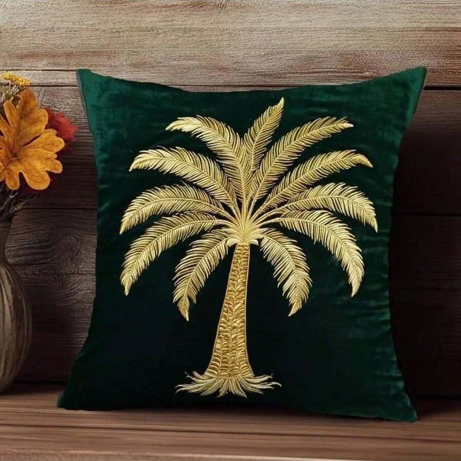 Modern Minimalist Plush Pillow Cover With Gold Coconut Tree Embroidery For Living Room Decor