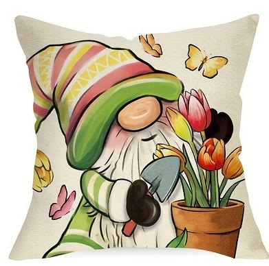 1Pc Spring-Summer Themed Gnome And Tulip Flower Pillowcases Machine Washable - Perfect For Sofa And Seasonal Home Decor