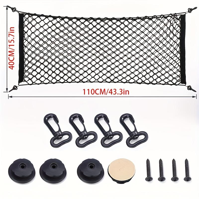 The car trunk storage net with extendable hooks and nylon material is convenient for organizing and can safely store items.