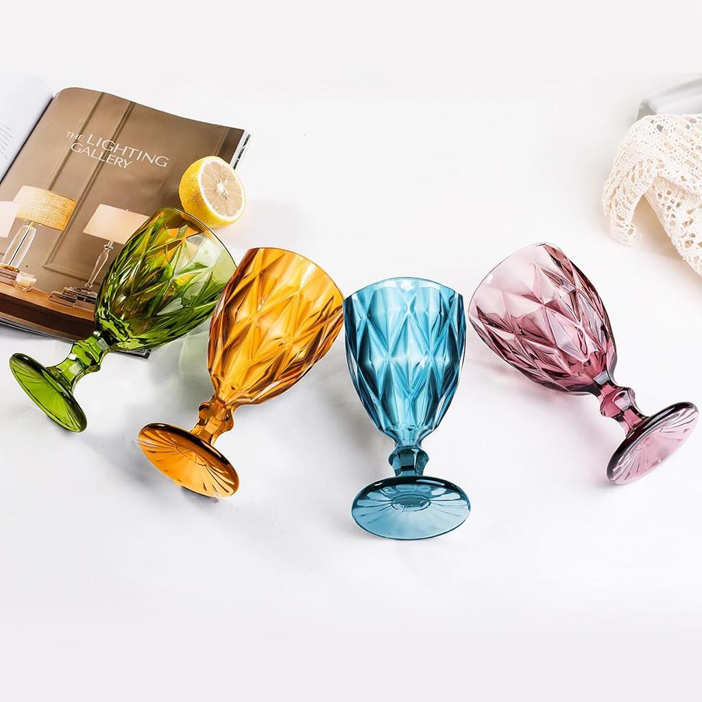 Vintage Wine Glasses Set of 4, Plastic Reusable 12 Ounce Colored Water Goblets, Unique Embossed Pattern Unbreakable Stemmed Wine Glasses, High Clear