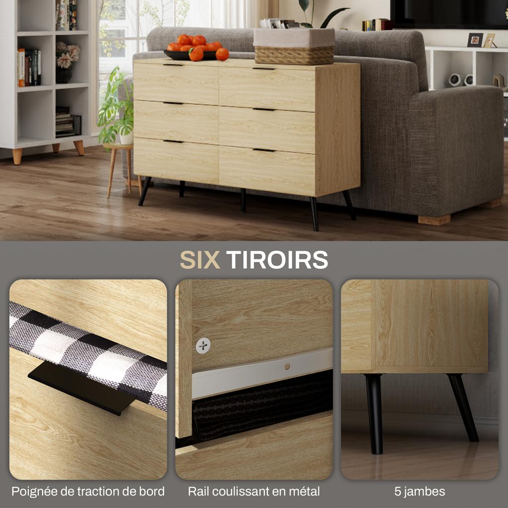 6-Drawer Chest Modern Chest of Drawers for Bedroom with Anti-Tip Design 110L x 40W x 75H cm Wood Look
