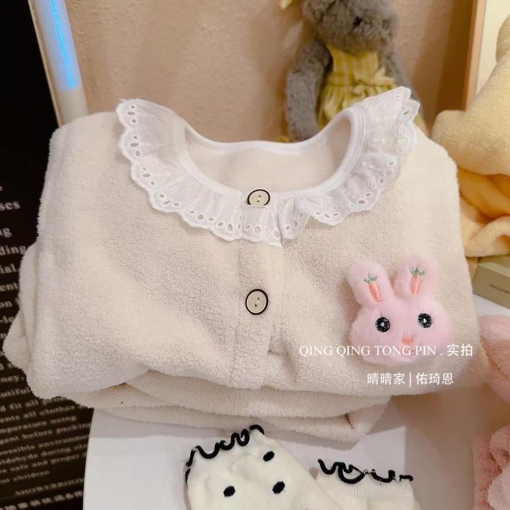 [Warm Winter] Kids Lace Homewear Two-Piece Set Girls Round Neck Casual Pajamas