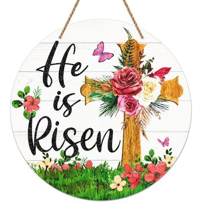 He Is Risen Door Sign Easter Decorations Indoor He Is Risen Easter Decor Hanging Decorations Christian Jesus Wood Door Hanger for Wall Home Outdoor