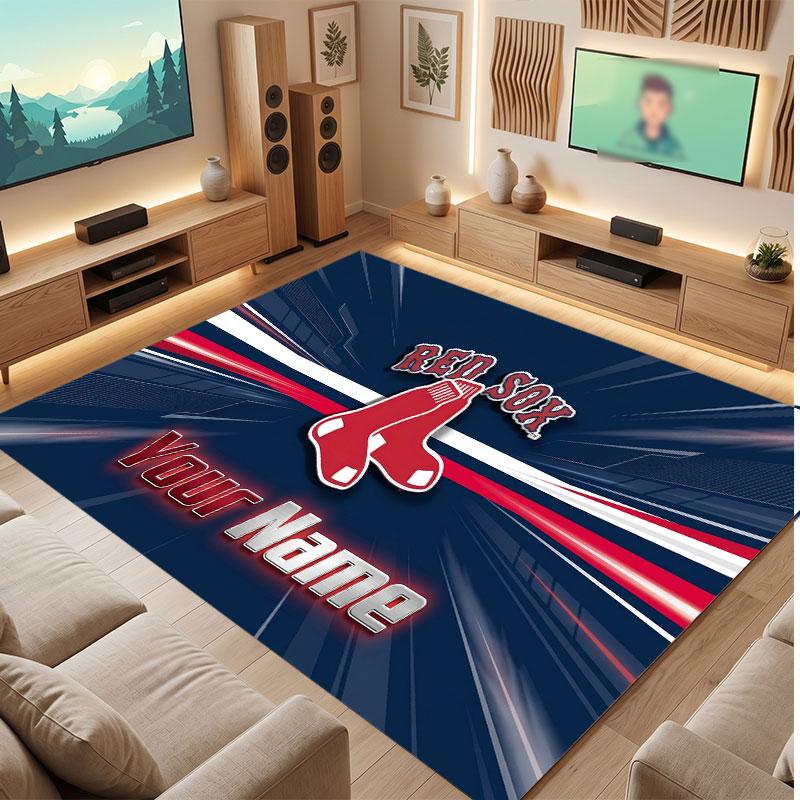 Boston Red Sox Personalized Crystal Velvet Carpet, Customized Name Text Soft Anti‑Slip Rug for Living Room Bedroom