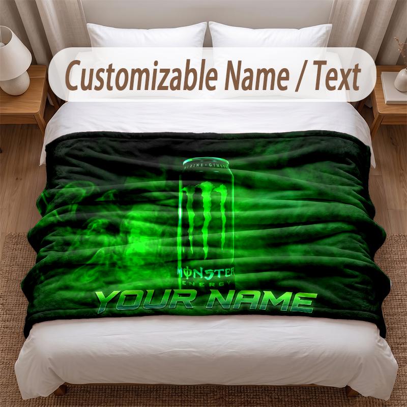 Monster Energy bedruckte Flanelldecke mit individuellem Namenstext, weich und warm, Überwurf für Schlafzimmer, Weihnachtsgeschenk