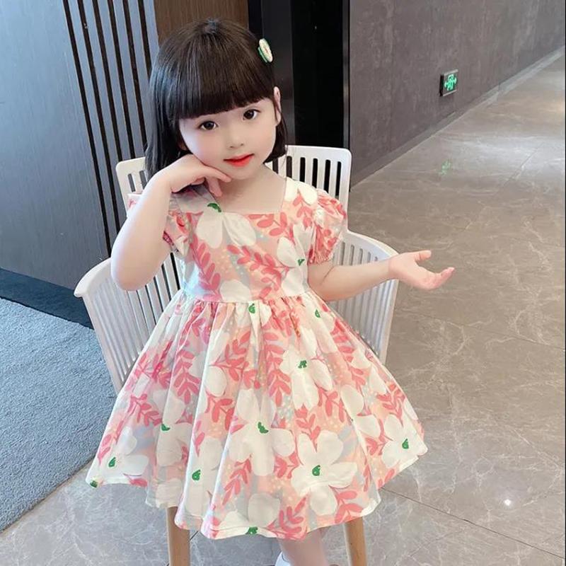 

Платье для девочек, летняя повседневная юбка принцессы с цветочным принтом для девочек, юбка-пачка, милое платье с открытой спиной и бантом во французском стиле ретро, ​​милое платье на талии 80