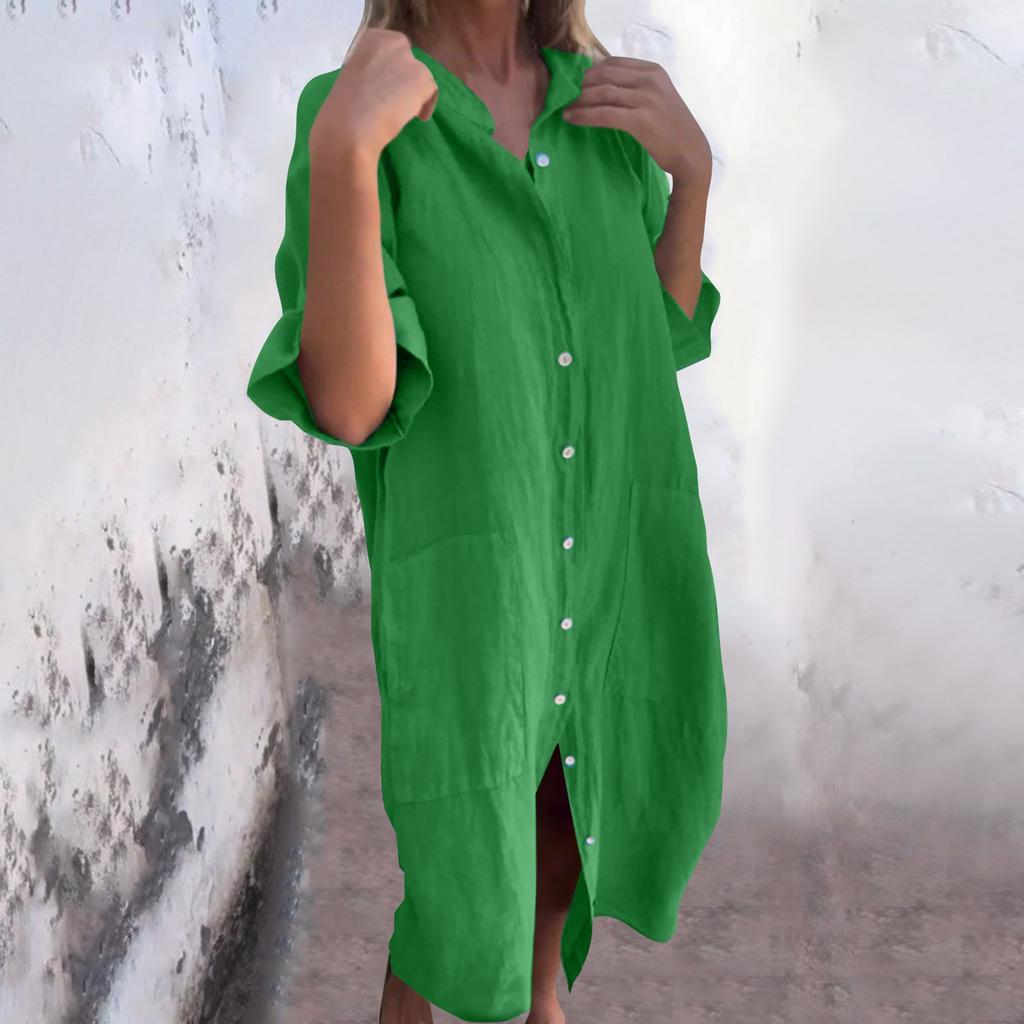 Women's Fashion Casual Button Cardigan Cotton And Linen Solid Color Dress With Pockets