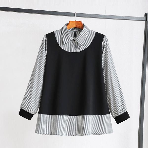 

Plus-Size Spliced Shirt: Slimming Turn-Down Collar Long Sleeve, Spring & Autumn, Fake Two-Piece Design - Women s 24009T 8XL (for 105-115 kg) чёрный