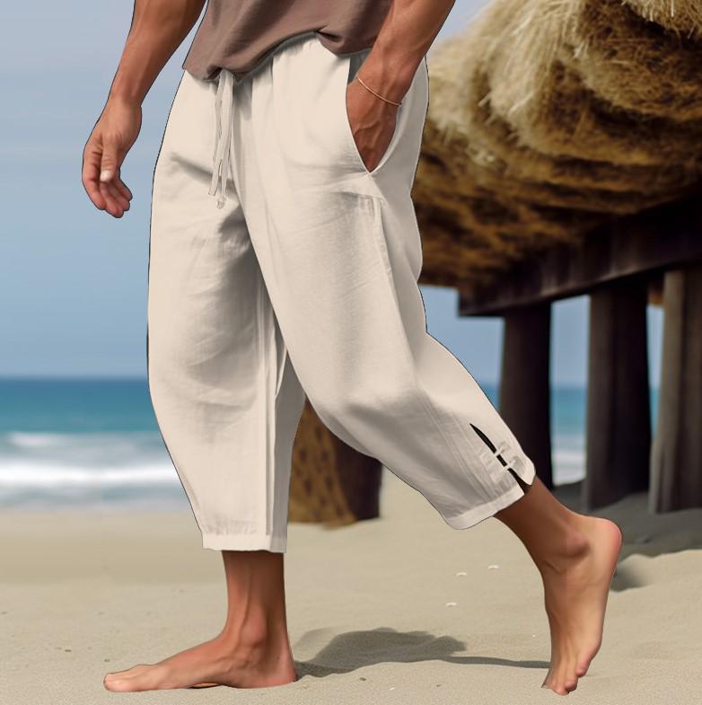 2025 Men's Casual Summer Cotton Linen Drawstring Capri Pants