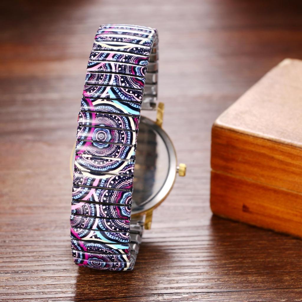 Bohemian Watch with Elastic Strap and Arabic One Size Fits Floral Waterproof Quartz Watch with Stretchable Stainless Steel Analog Colorful Ethnic