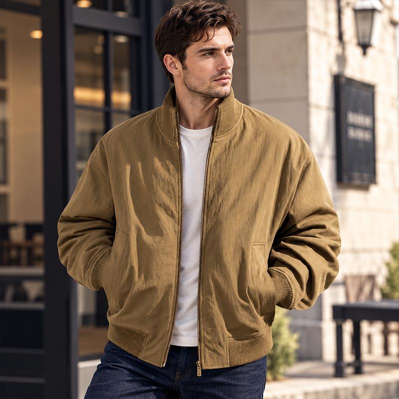 Veste Bomber Homme Style Rétro Col et Poignets Côtes Fermeture Éclair Intégrale Vêtement d'Extérieur Coupe-Vent Coupe Ample Poches Mains Mode Quotidienne Streetwear