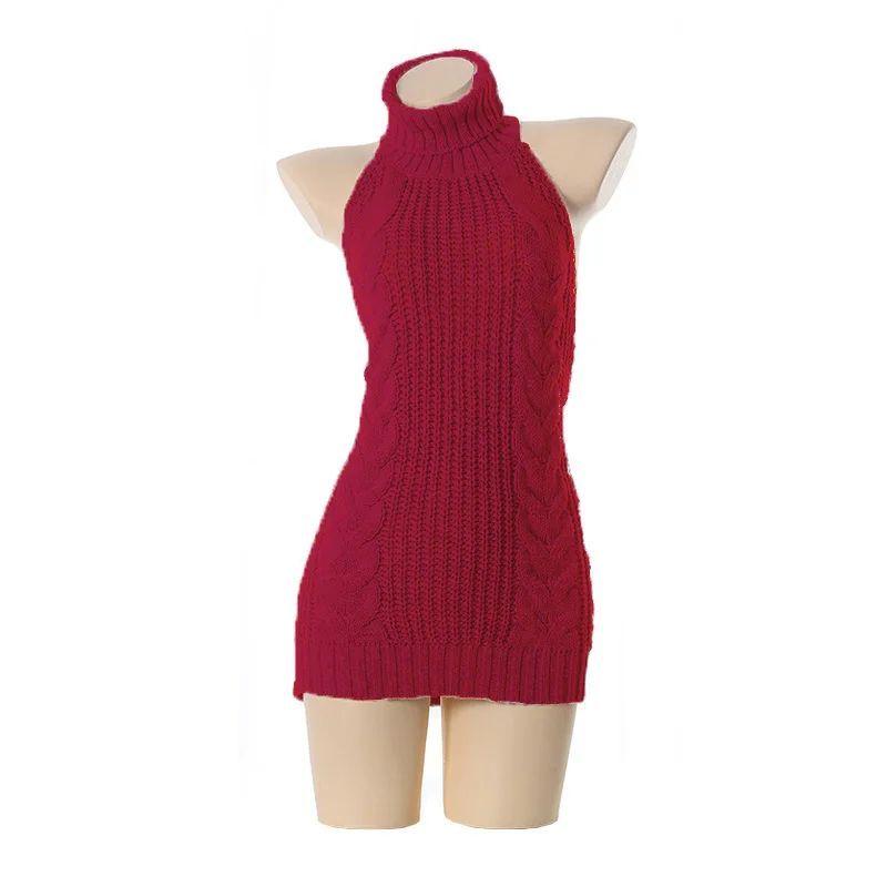 

High Neck Sleeveless Seamless Sweater Pure Color Turtleneck Sleeveless Backless Sweater RED One size