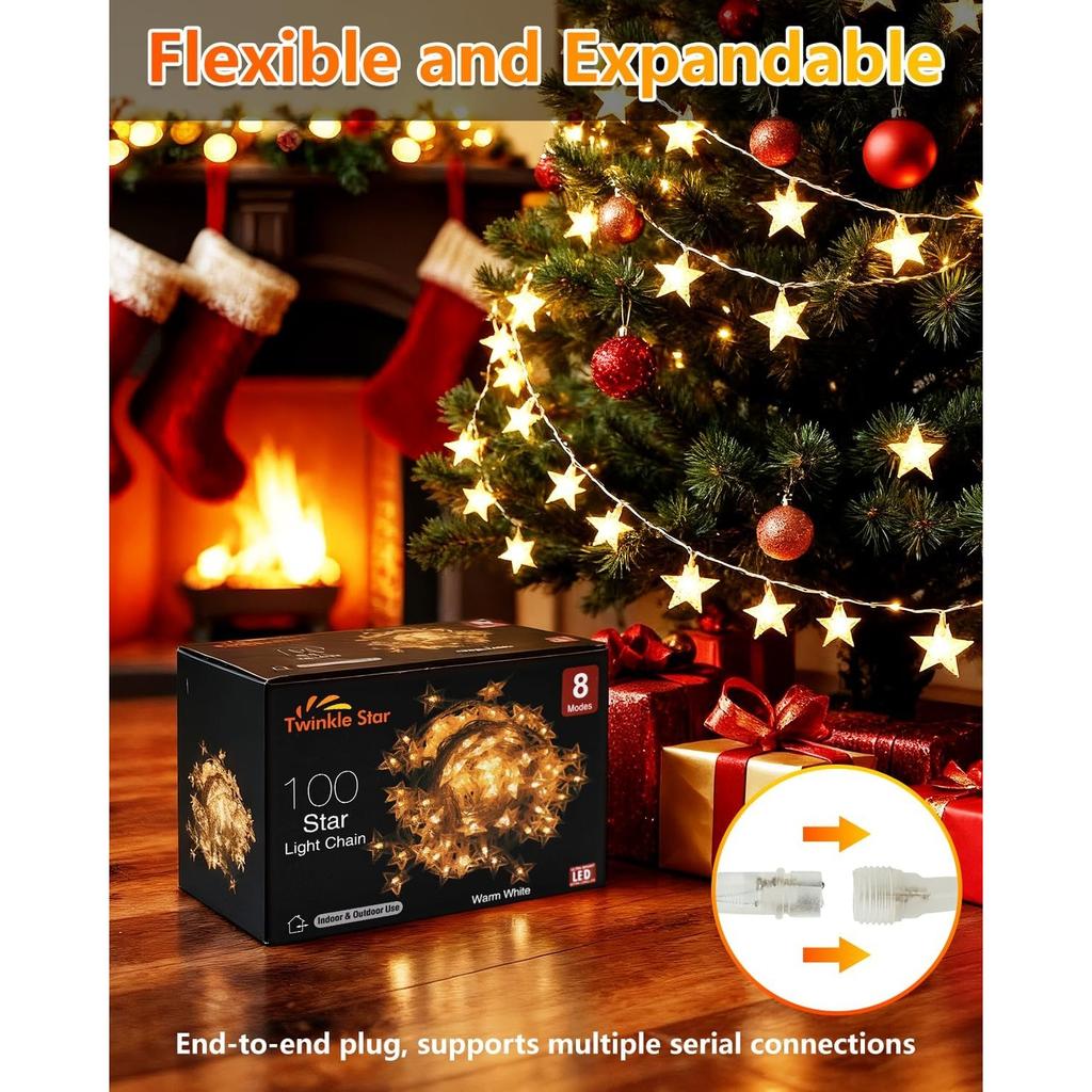 Twinkle Star 100 LED Sternen-Lichterkette Stecker 10m, Warmweiß