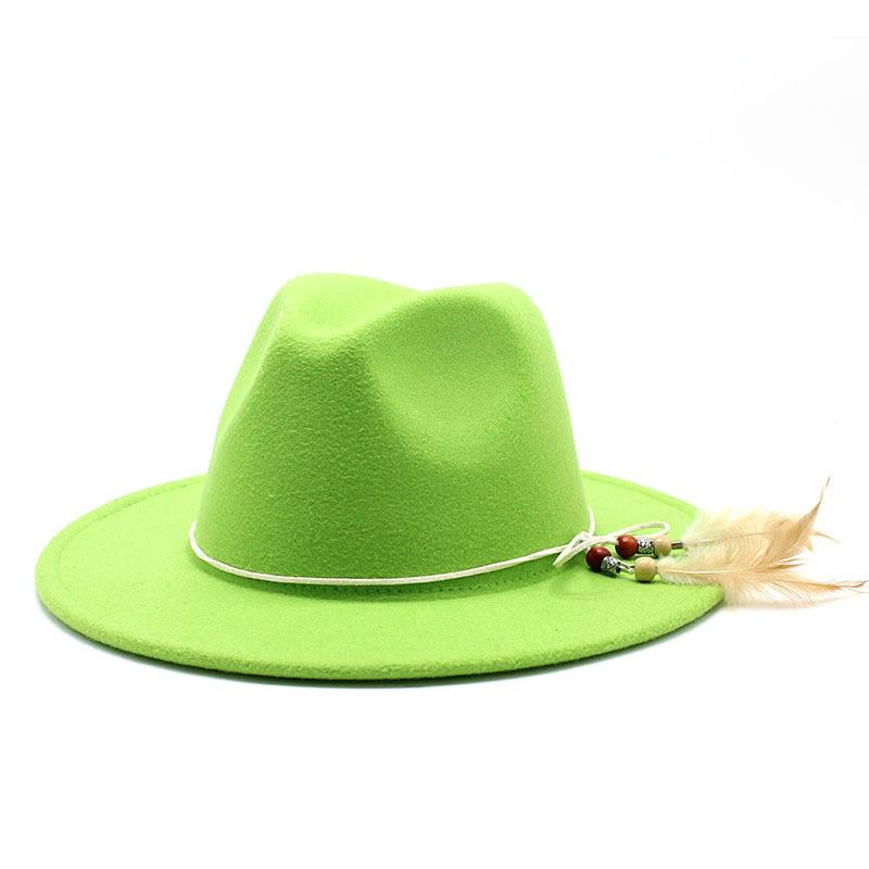 

Мужская и женская шляпа в стиле джаз с прямыми полями и перьями, широкополая шляпа, шляпа из искусственного шерстяного фетра L（59-61cm） флуоресцентный зеленый