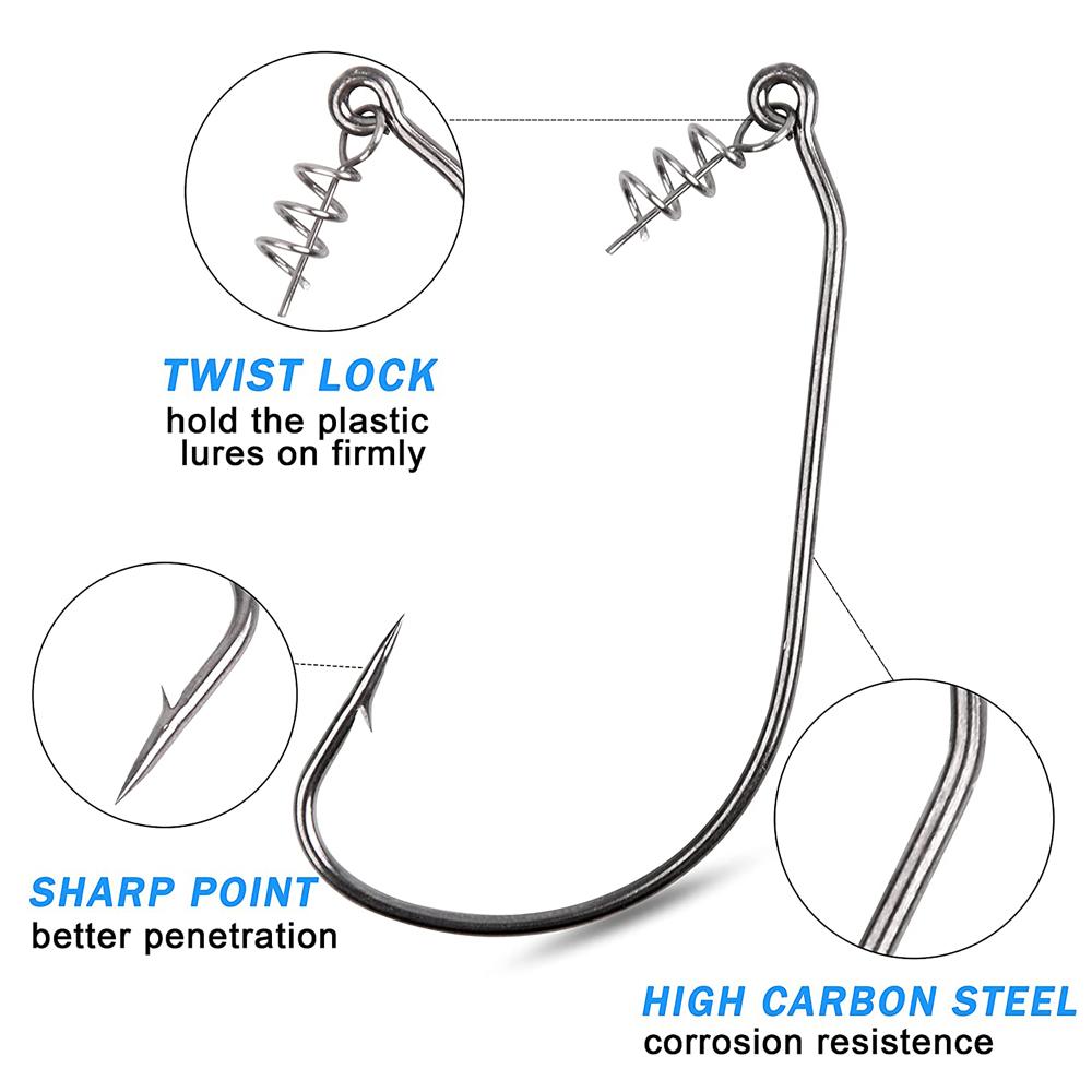 50Pcs/Box Fishing Worm Hook With Spring Twist Lock Barbed Crank Carp Hook For Soft Worm Bass Lure Offset Jig Hook