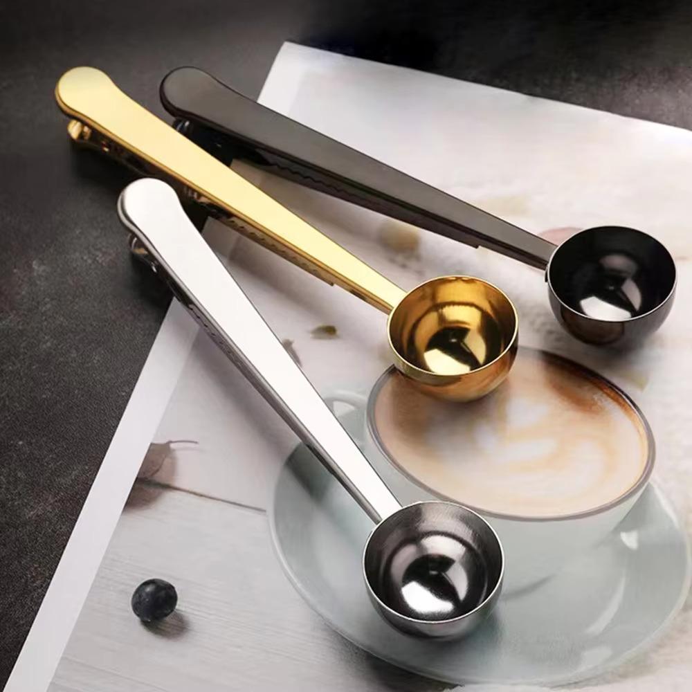 Cuchara de café de acero inoxidable 2 en 1, cuchara para granos de café, clip de sellado de bolsas duradero, herramientas para hornear