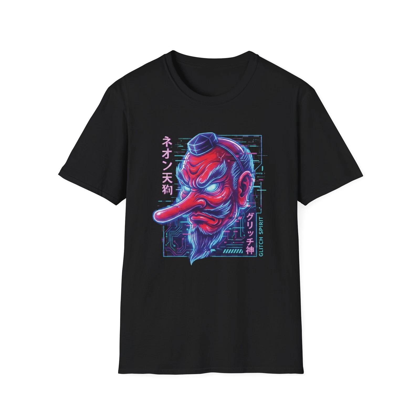 Neon Tengu Mens T-Shirt Cyberpunk Japanese Streetwear Yokai Demon Graphic Tee XL