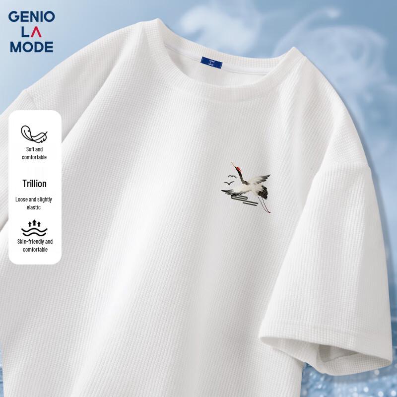 

GENIOLAMODE Men s Waffle Knit Crane Print Short Sleeve T-Shirt M