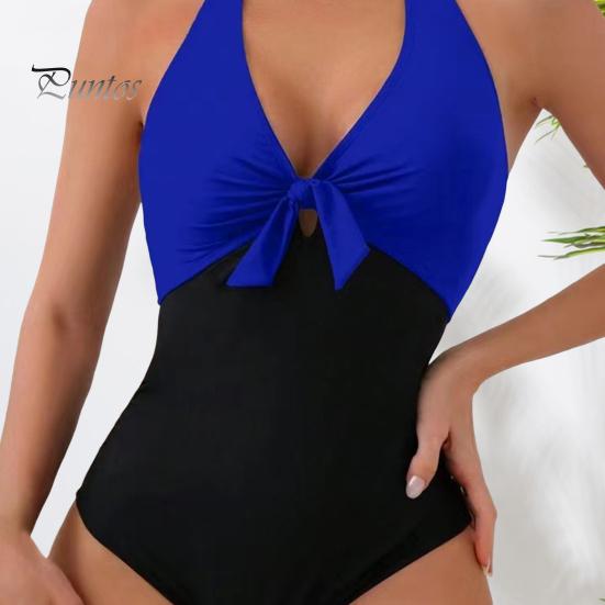 Women Sexy Summer Monokini Halter Deep V-Neck One-piece Swimsuit Patchwork Color Bowknot Decor High Waist Backless Beachwear
