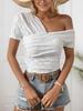 European One-Shoulder Polka Dot Slim T-Shirt with Slanted Neck and Hollow Design