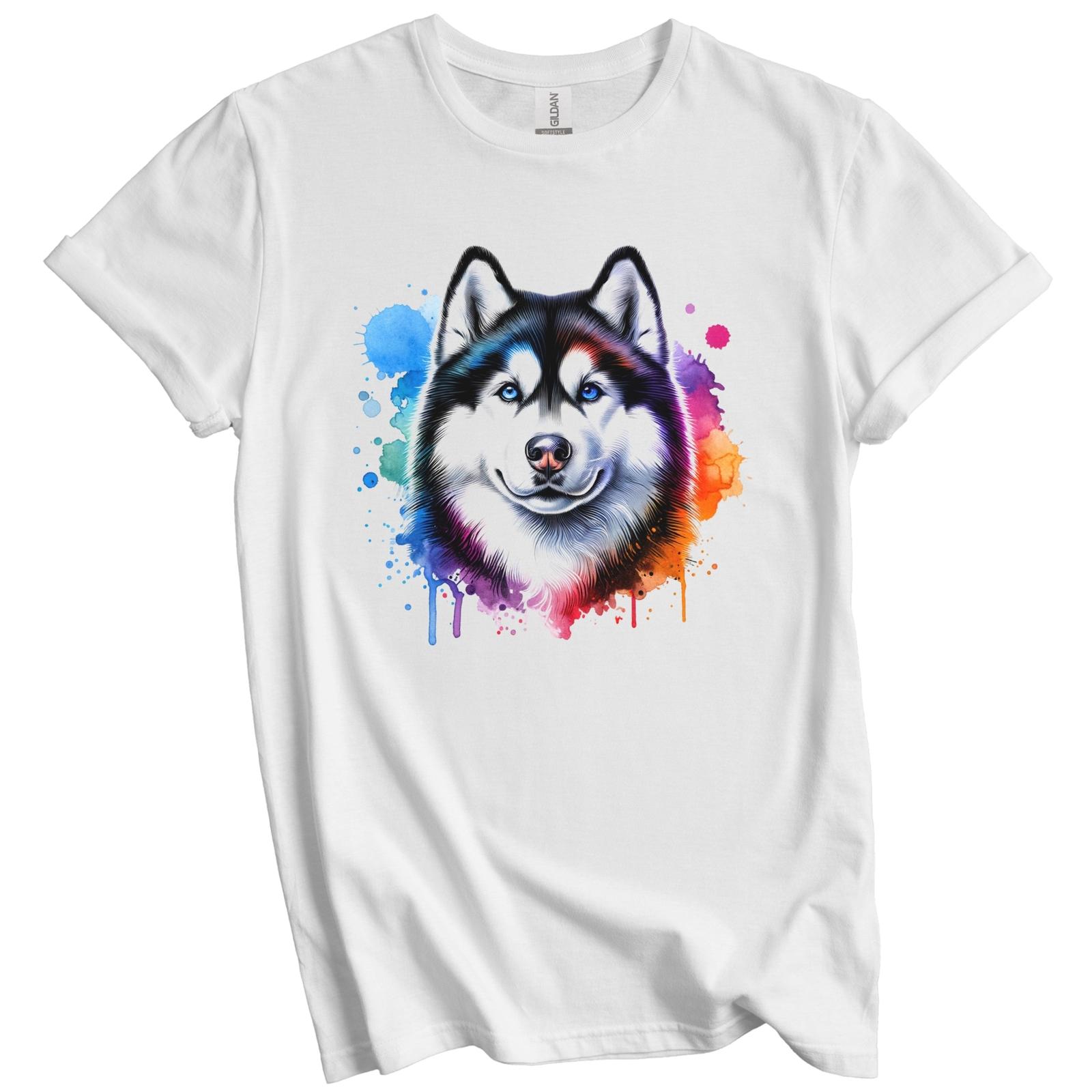 Siberian Husky Rainbow Watercolor Portrait Dog Lover T-Shirt - Husky Gift M