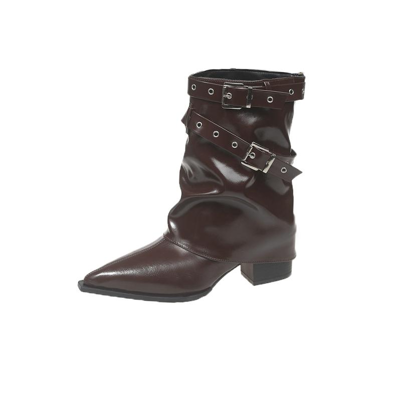 Mode Modische und vielseitige spitz zulaufende hochhackige Stiefeletten für Damen 2025 neues Designgefühl, Nischen-Stiefeletten mit Gürtelschnalle