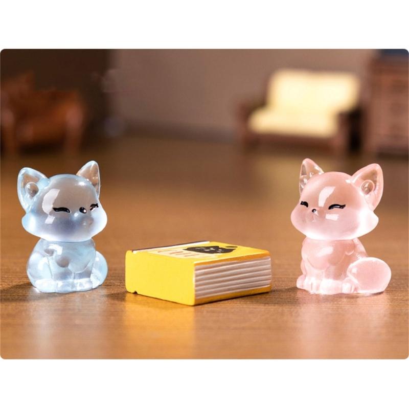 6pcs Cute Little Foxes Sculptures with Glowing in Dark Effect Luminously Animal Figurines for Home Car Interior Decors