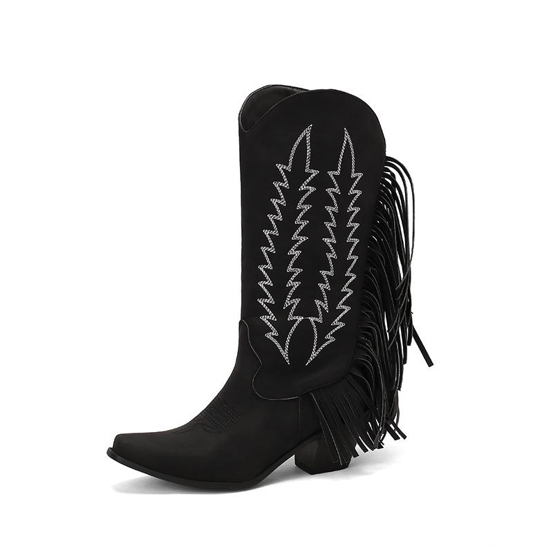 Western Martin boots medium tube but knee European and American style women's boots fringed thick heel large size women's shoes - size