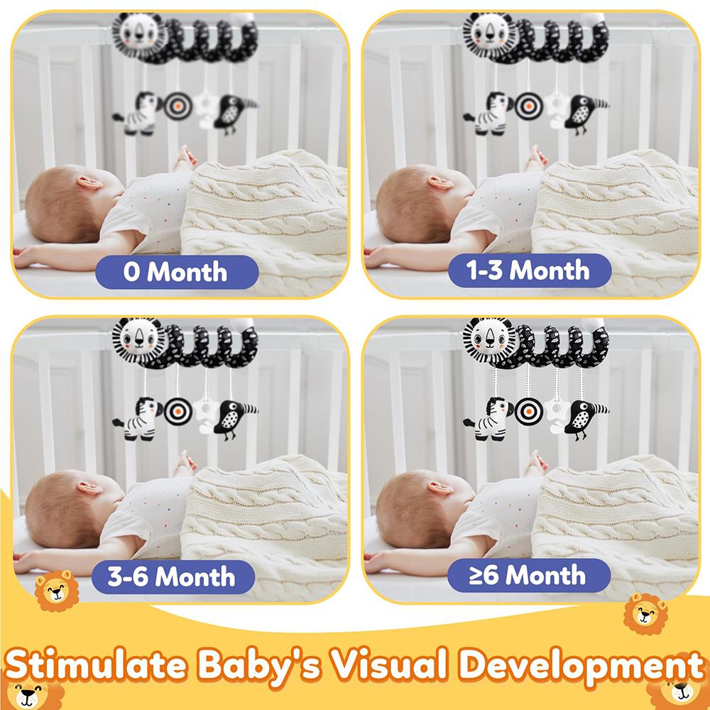 Baby Carseat Toy Black & White Lion Koala Rattle Spiral Hanging Activity Stroller Toy for Newborns Crib Mobile Sensory Toy Gifts