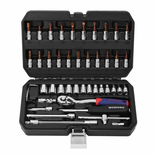 

WORKPRO 46-Piece Socket Wrench Set, Ratchet Wrench, Offset Type, 6.35mm (1/4 inch) Drive, Automotive Repair and Maintenance, Garage Tool Set, Includes