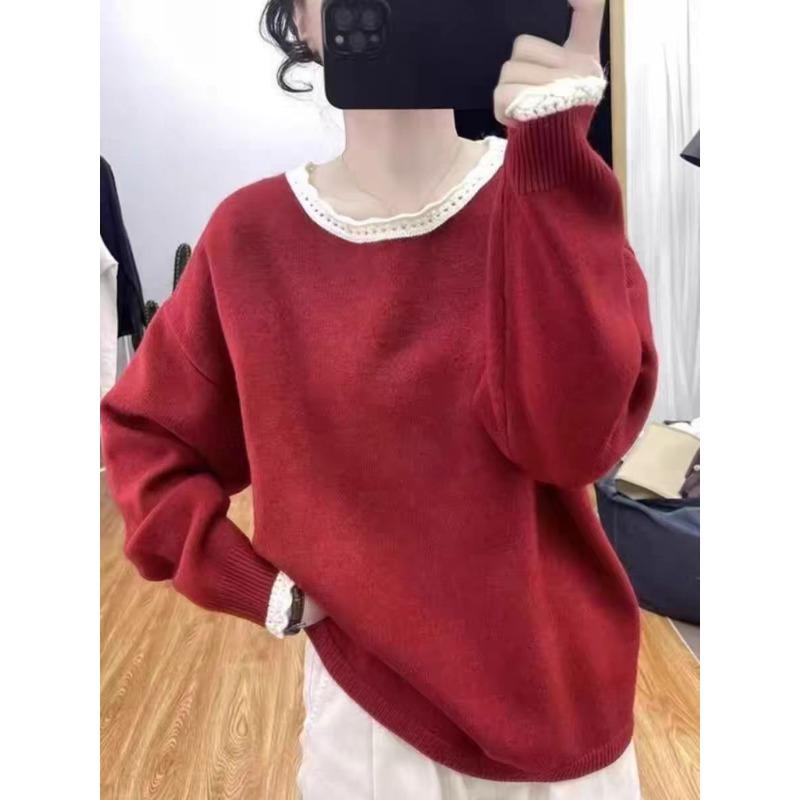 

Вязаный свитер с кружевным воротником, нежный ветер, женский, уменьшающий возраст, свободный топ, новый осенне-зимний свитер с круглым вырезом для основы красный