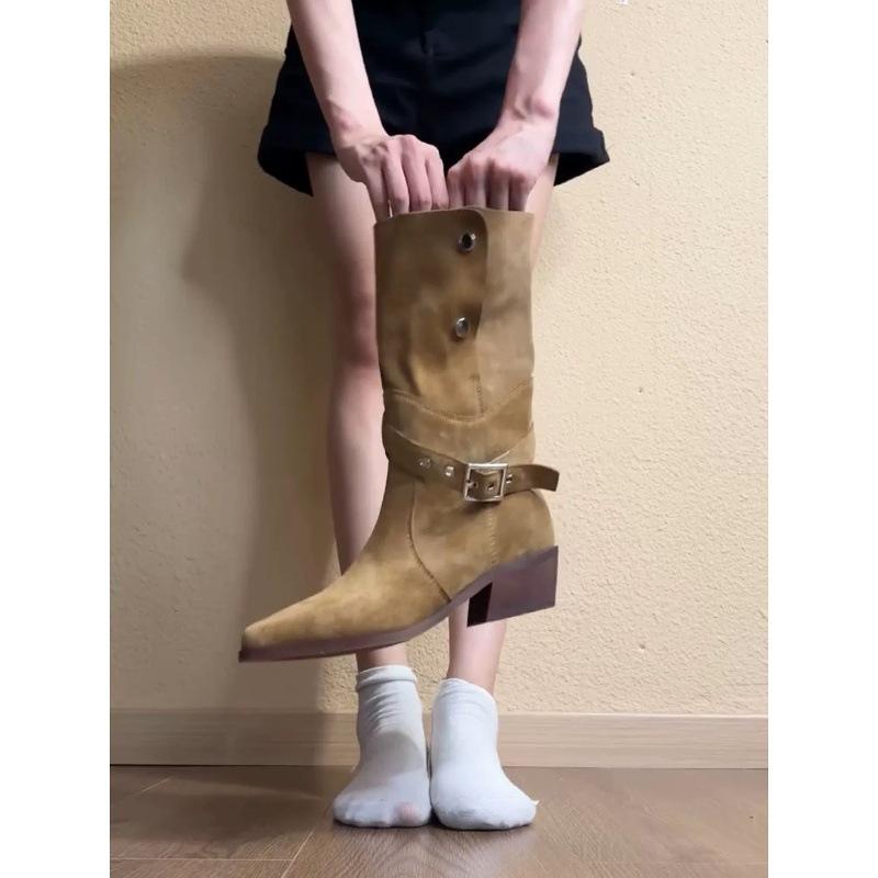 Retro pointed Martin boots women's thick heel thin belt buckle thin medium boots western cowboy boots