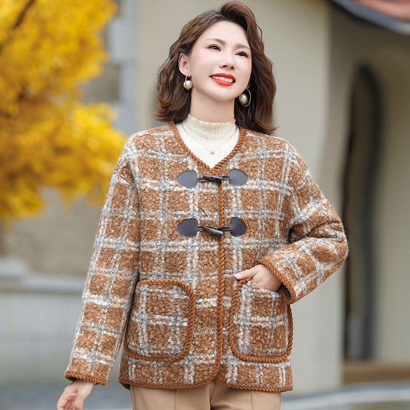 Plaid Woolen Coat for Middle-Aged & Elderly Women - Spring & Autumn Casual Cardigan