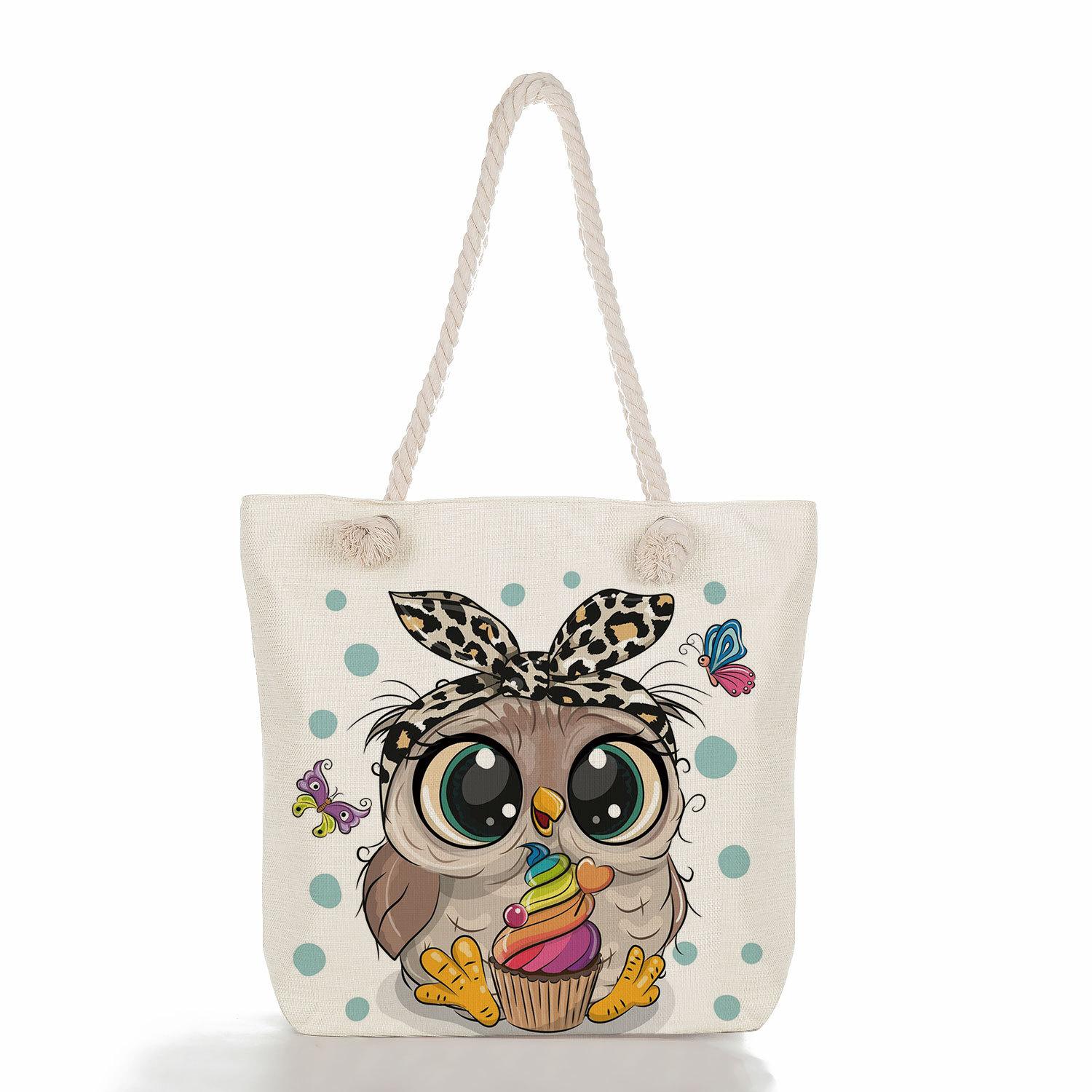 

Cute owl print thick rope single-shoulder beach bag 7288 CLE