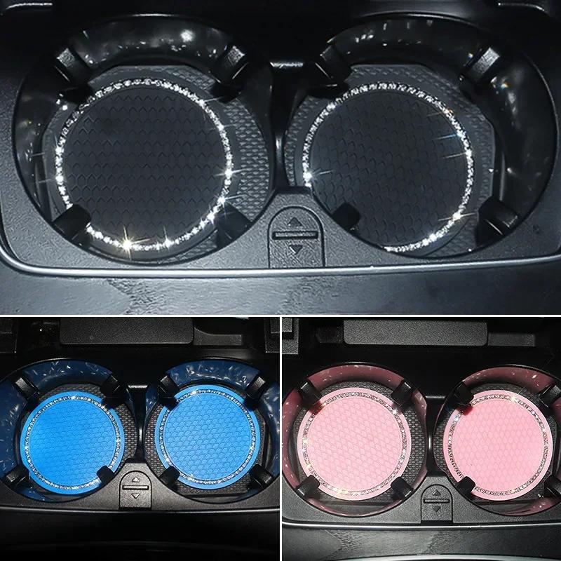 2pcs Non-slip Car Water Cup Pad Diamond Rhinestone Rubber Mat for Bottle Holder Coaster Auto Interior Anti-skid Cup Holders 7cm