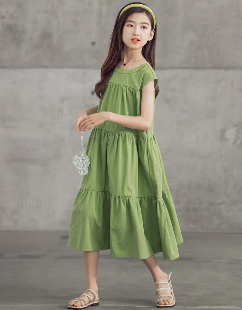 Yuwan Summer Sleeveless Long Maxi Dress with Tiered Summer Dress for Elementary School Stylish Korean Size 130 Kids' Dress, Dress, Girls' Skirt,