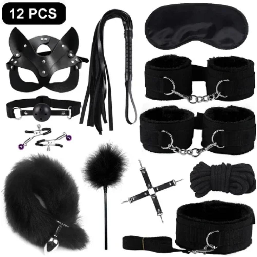 Kits Sexy Leather Plush Sex Bondage Set Handcuffs Sex Games Whip Gag Nipple Clamps Sex Toys For Couples Exotic Accessories