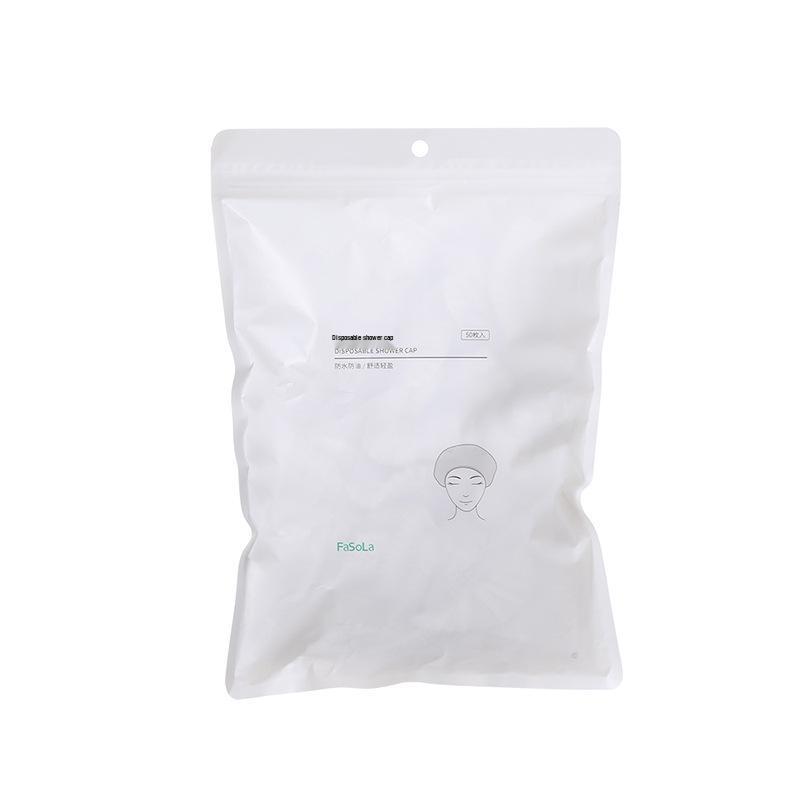 FaSoLa Disposable Shower Caps 50-Pack: Waterproof, Elastic Band, New PE Material for Travel and Home Use. Disposable Shower Caps (50 Pieces)