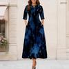 Women Plus Size Round Neck Keyhole 3 4 Sleeve Long Dress Watercolor Striped Print Green Yellow