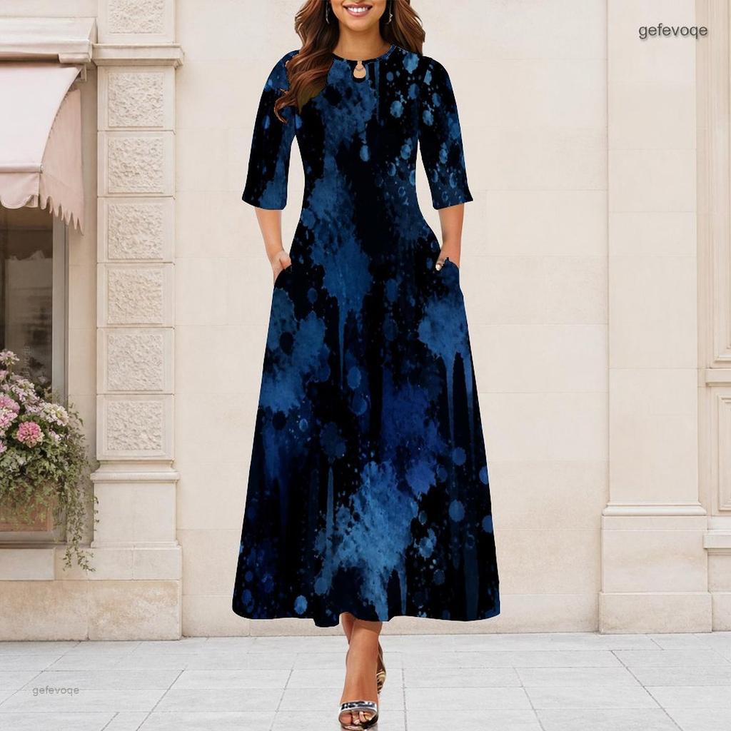 Women Plus Size Round Neck Keyhole 3 4 Sleeve Long Dress Watercolor Striped Print Green Yellow